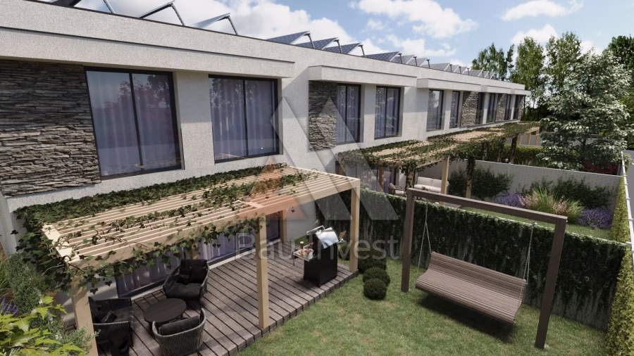 Reihenhäuser Hainburg, 3D-Visualisierung: Terrasse mit Pergola