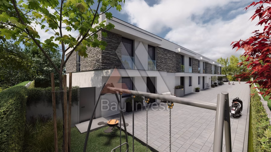 Reihenhäuser Hainburg, 3D-Visualisierung: Gartenseite mit Spielbereich