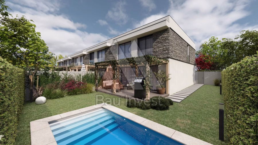 Reihenhäuser Hainburg, 3D-Visualisierung: Garten mit Pool