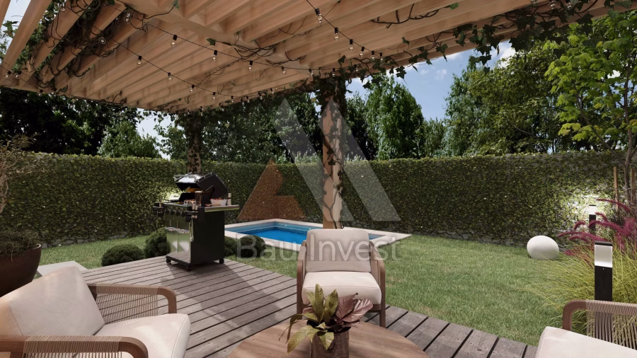 Reihenhäuser Hainburg, 3D-Visualisierung: Pergola mit Pool und Grillplatz