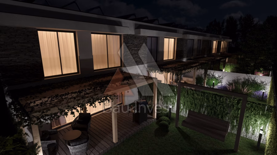 Reihenhäuser Hainburg, 3D-Visualisierung: Abendansicht der Gartenseite