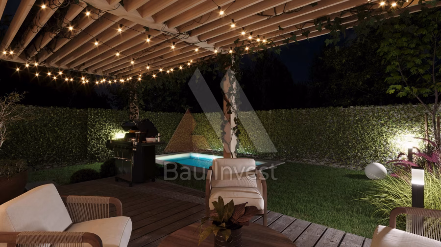 Reihenhäuser Hainburg, 3D-Visualisierung: Pergola mit Abendbeleuchtung