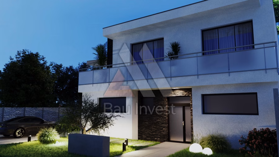 Haus Nickelsdorf, 3D-Visualisierung: Abendansicht der Fassade