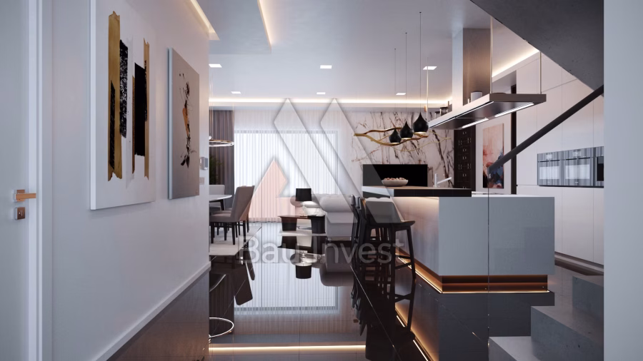 Haus Nickelsdorf, 3D-Visualisierung: Eingangsdiele mit Blick in die Küche
