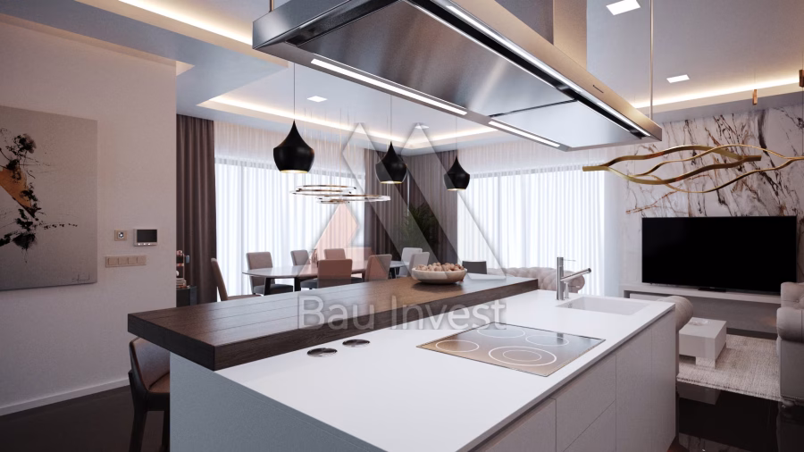 Haus Nickelsdorf, 3D-Visualisierung: Küche mit Kochinsel