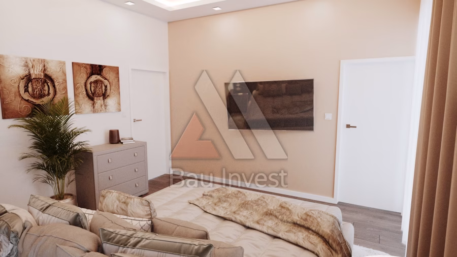Haus Nickelsdorf, 3D-Visualisierung: Schlafzimmer mit TV-Wand