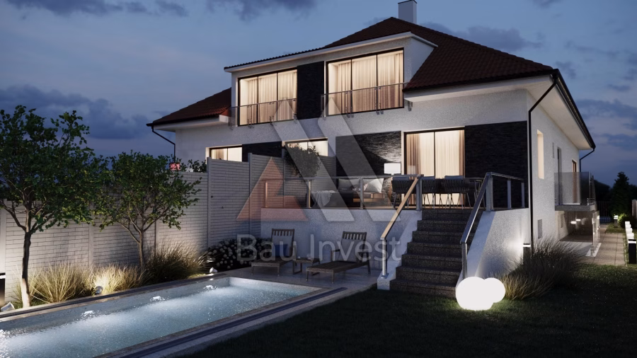 Haus Pama, 3D-Visualisierung: Abendansicht mit Pool