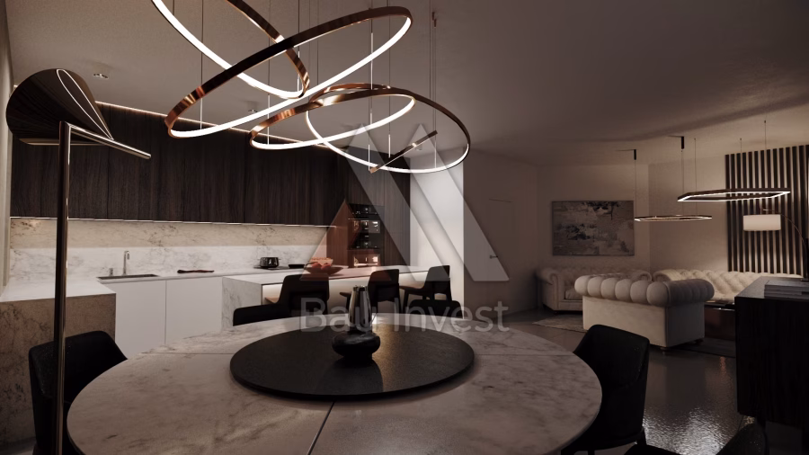 Haus Pama, 3D-Visualisierung: Offene Küche mit Wohnbereich