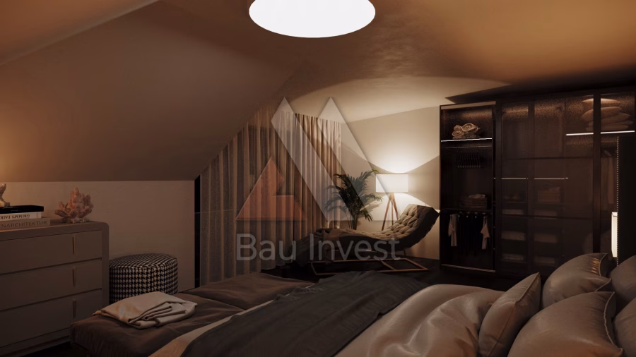 Haus Pama, 3D-Visualisierung: Schlafzimmer mit Ankleide
