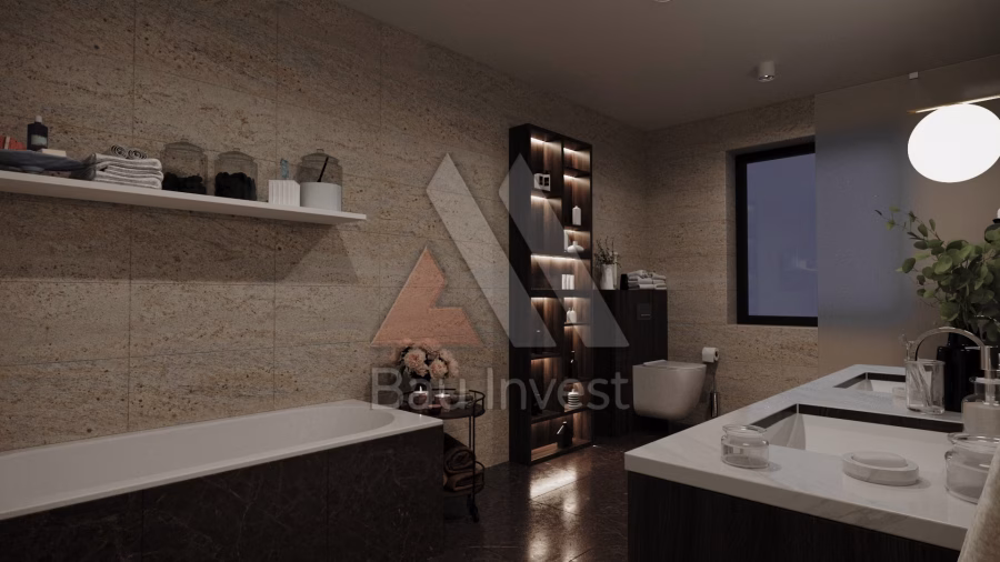 Haus Pama, 3D-Visualisierung: Badezimmer mit freistehender Badewanne